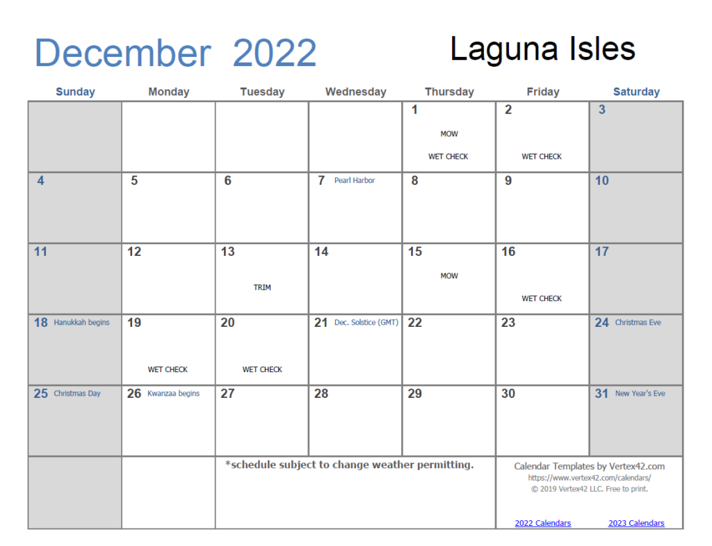 Landscaping Calendar Laguna Isle Community Association